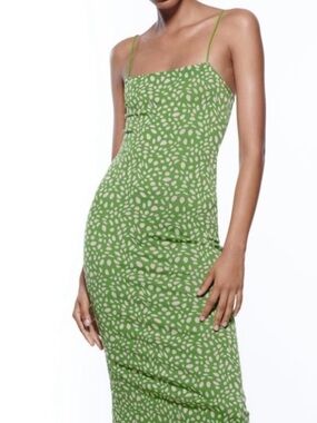 Zara Green Printed Spaghetti-Strap Midi Dress